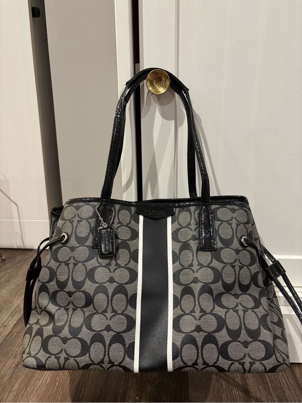 Coach Signature Stripe Carryall Tote in black and gray